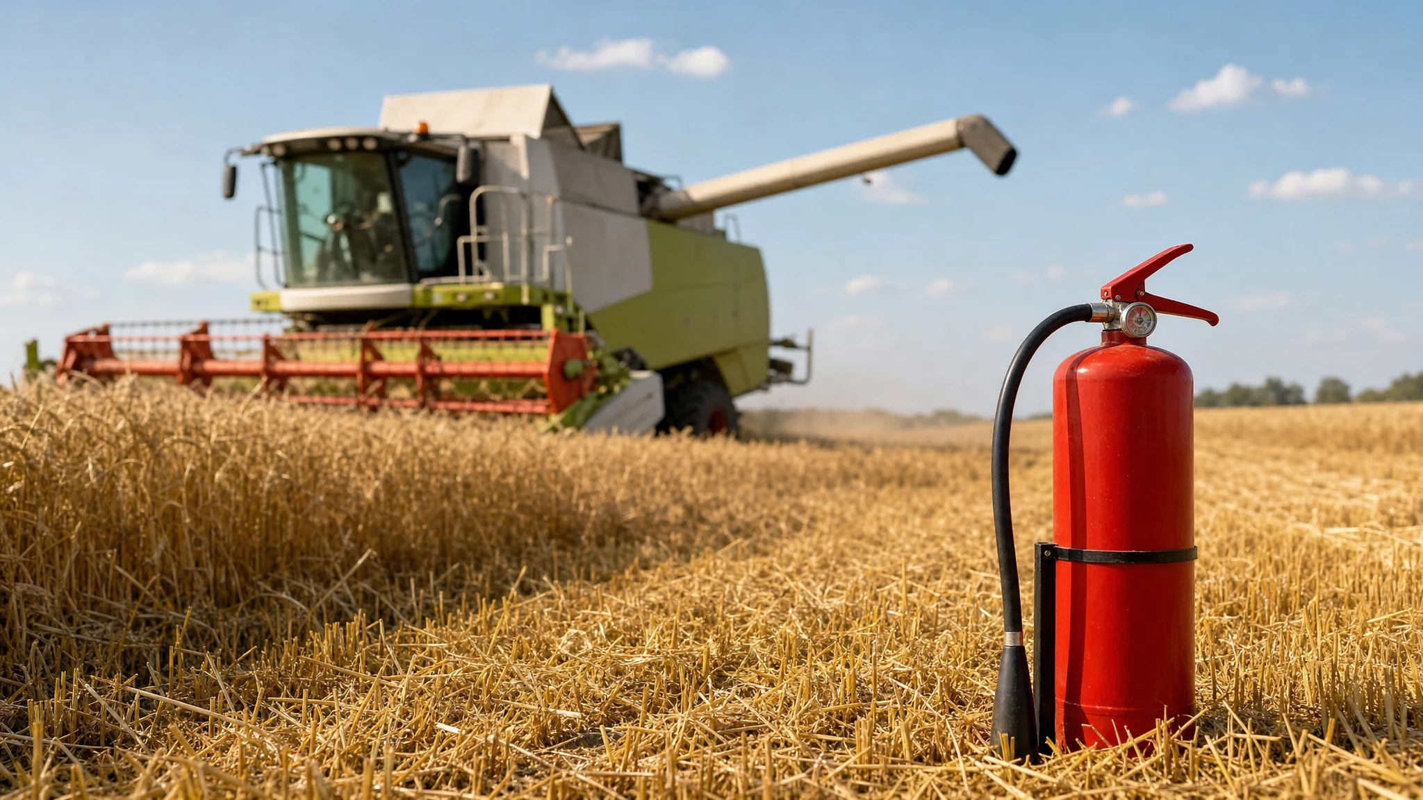 Зернове поле та сільськогосподарська техніка як ілюстрація пожежної безпеки під час жнив